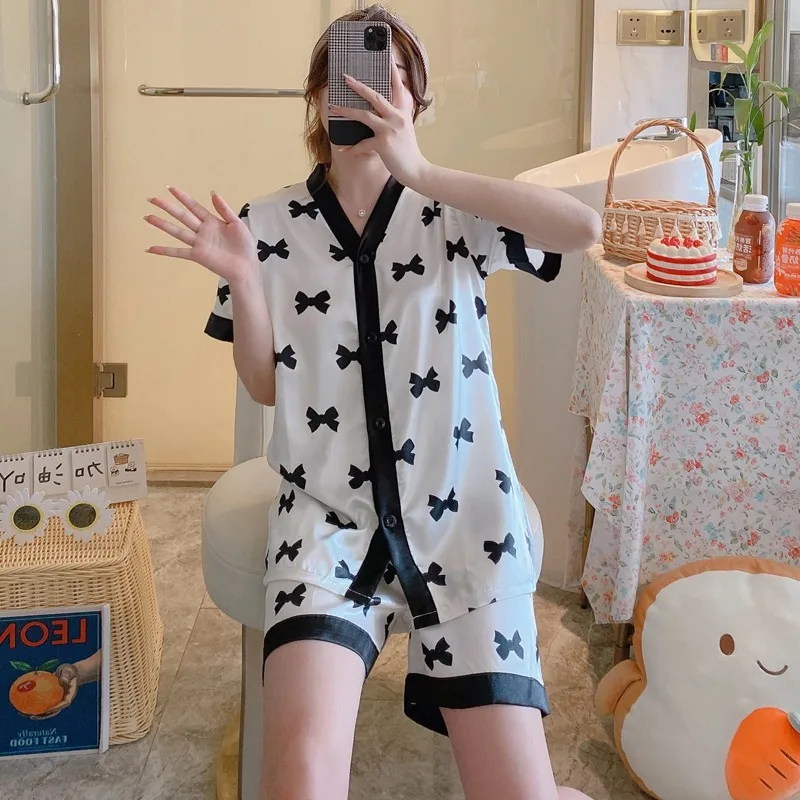 Women Grid Pajama Set Summer Cool Sleepwear Shorts Soft Pijamas Girls Homewear Cute Pyjama Short Pants Casual Home Clothes