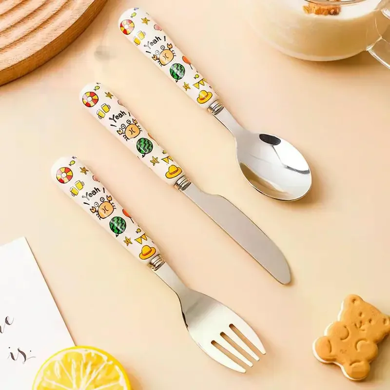 Tableware Cartoon Kids Spoon and Fork Set Dessert Spoon for Children Fork Baby Gadgets Feeding Children's Cutlery for Kids silicone cutlery set fork spoon set baby cutlery