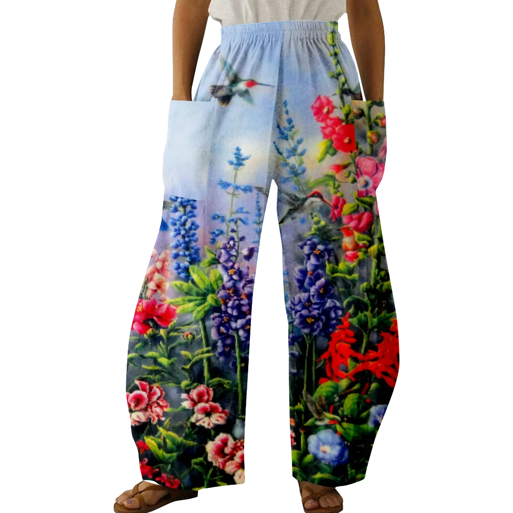Spring Flower Print Pants Summer Stylish Casual Trousers Women Harajuku Y2K Trousers Pocket Loose Pants Wide Leg Pants Pantalon