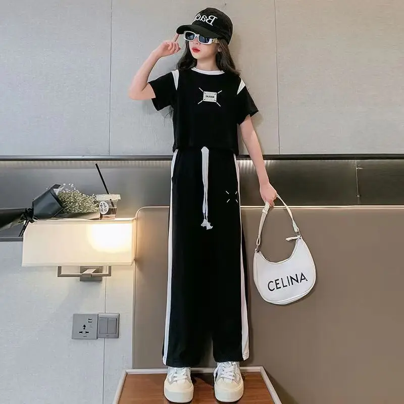 

Girls Suit Summer Baby Striped T-shirt + Wide Leg Straight Pants 2pcs Girl Short-sleeved Outfits Children Clothing Sets