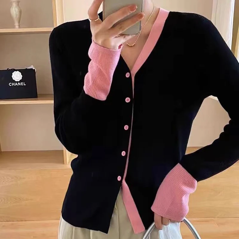 여성용 고급 울 니트 스웨터, V넥 스플라이싱, 대비 색상 풀오버, 여성 캐주얼 슬림 보터밍 탑, 가을 겨울 신상