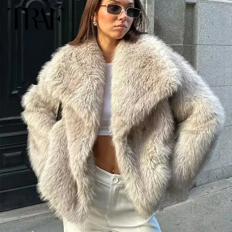 TRAF Womens Coats Winter Cropped Faux Fur Coat Women Autumn Long Sleeve Fluffy Black Jacket Outerwears Warm Plush Short Coats 6