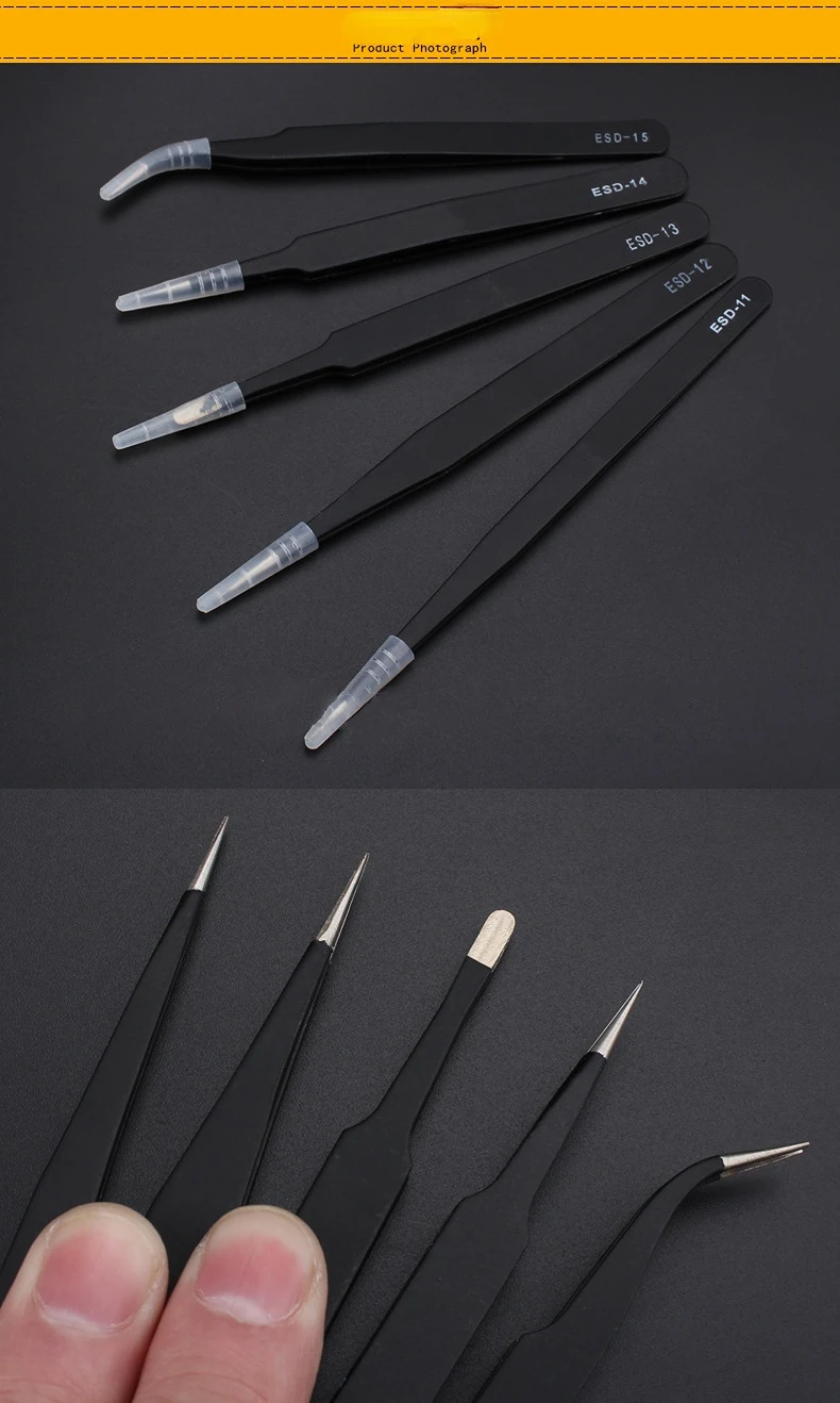 Description Picture 3 of itemESD Anti-Static Stainless Steel Tweezers Precision Maintenance Industrial Repair Curved Tool Home Working Model Making Hand Tool