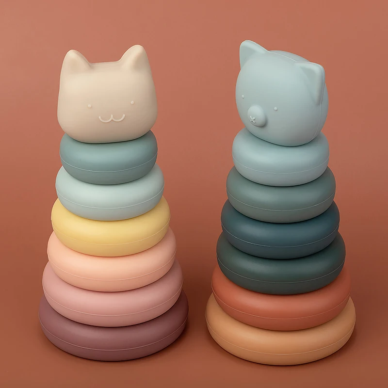 7pcs/set Baby Toy Building Blocks Silicone Stacking Blocks Round Shape Silicone Construction Toy Rubber Teethers Montessori