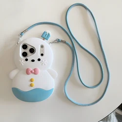 Adorable 3D Cartoon Snowman Silicone Crossbody Case with Neck Strap - Shockproof Cover - iPhone 12 Pro Max (White)
