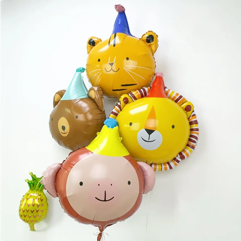 Circus Hat Cartoon Animal Theme Balloon Bear Lion Aluminum Foil Balloon Monkey Tiger Happy Birthday Party Decoration 4pcs