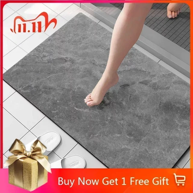 Opoleir Diatomaceous Earth Bath Mat Super Absorbent Large Diatomite Stone  Bath Mat Non Slip Fast Drying Shower Mat Thin Bathroom Rugs Floor Mat