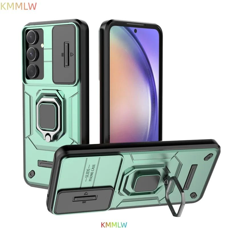 Shockproof Magnetic Ring Holder Armor Case with Slide Lens Camera Protection Cover