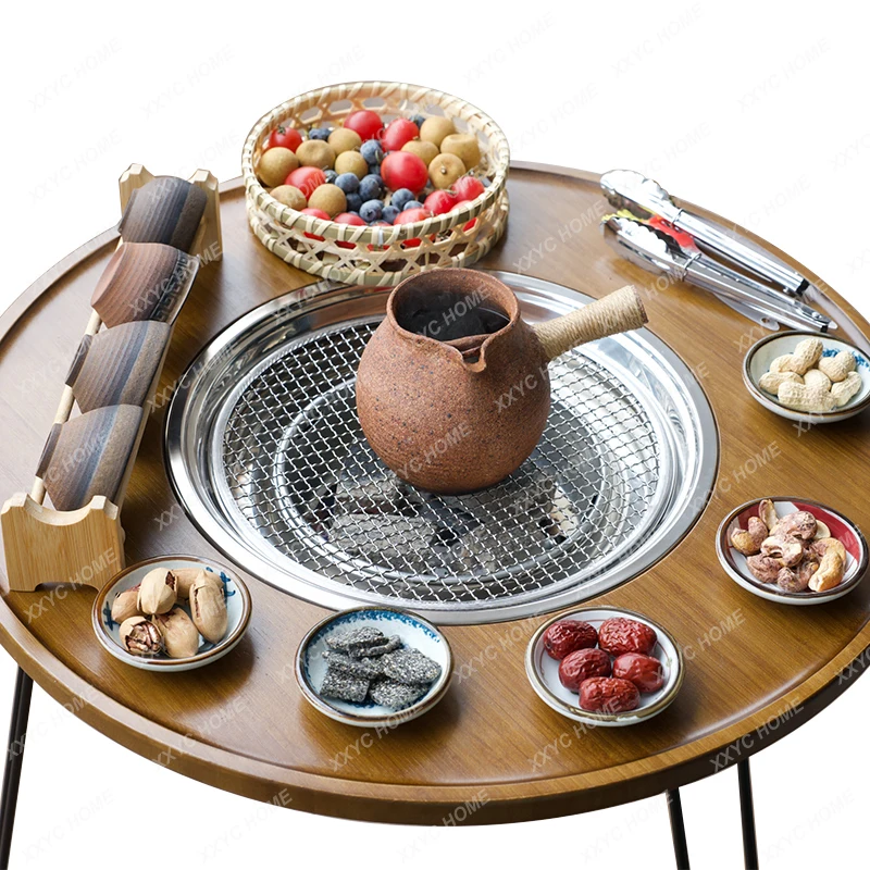 

Outdoor Camping Tea Cooking Stove Folding Table Multi-Functional Bbq Hot Pot Solid Wood Charcoal Stove Heating Camping Table