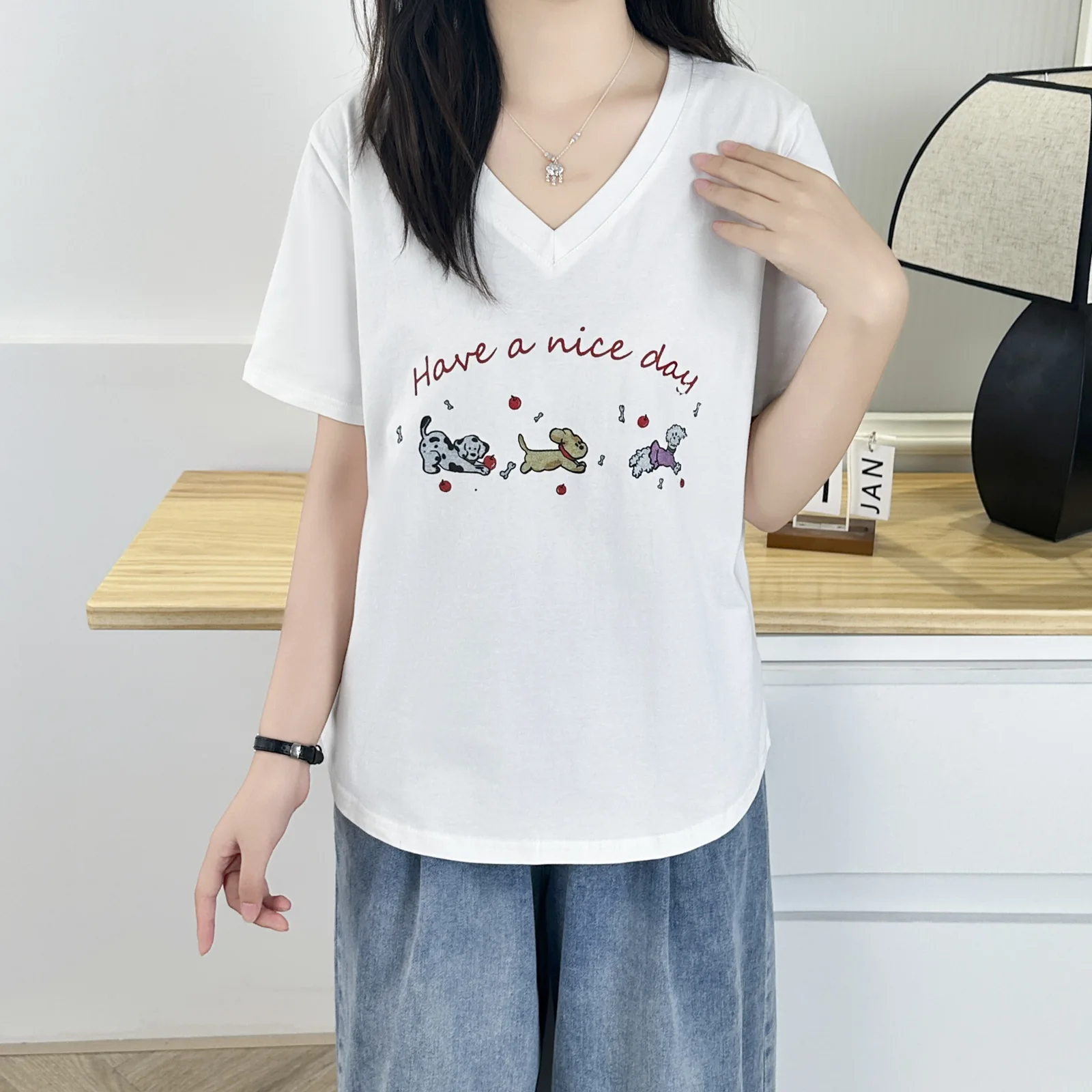 100KG Plus Size Women's Top Summer New V-neck Printed Letter Cartoon Short Sleeve Tops 6251