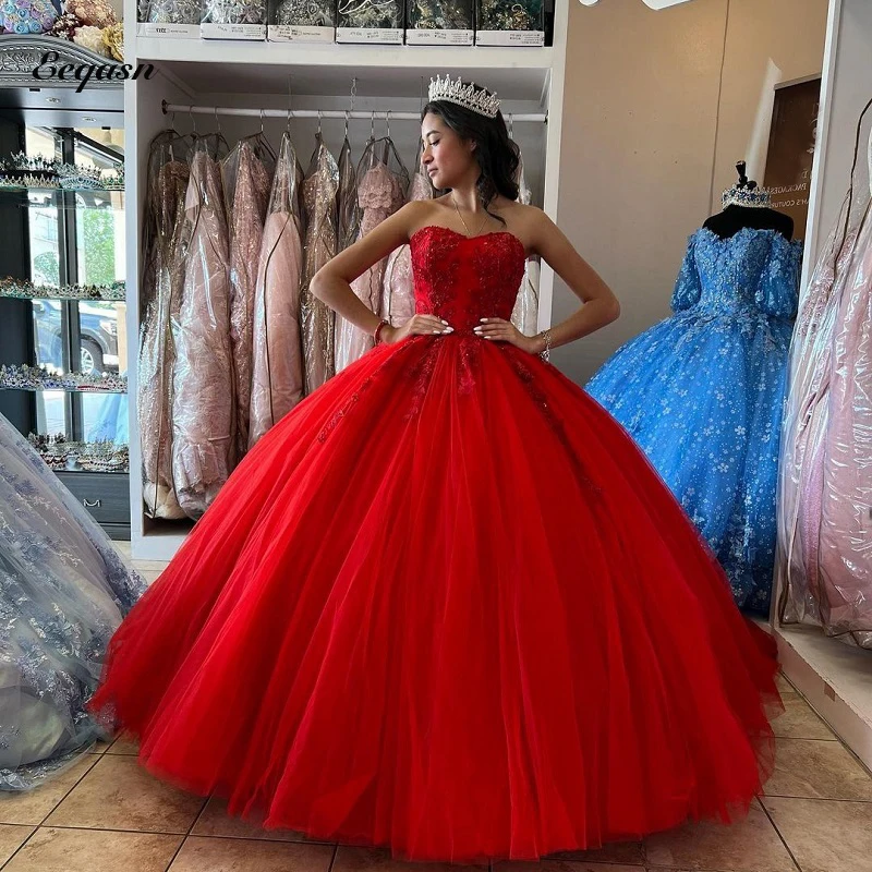 

Red Sweetheart Quinceanera Dresses Beaded Applique Lace-up Sweet 16 Dress Vestidos De 15 Años Birthday Princess Party Wear