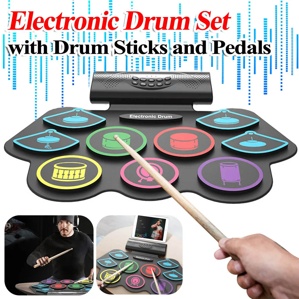 Electronic Drum Set with Drum Sticks and Pedals Roll-Up Practice Pad Electric Set for Kids Xmas Birthday Gift