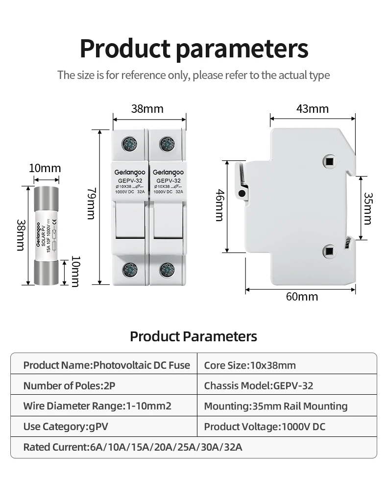 Ein Satz 2P Parallel-DC-Sicherungshalter 10*38mm Hochspannung Solar-PV 1000V 6A-32A Basis Photovoltaik-Systemschutz GPV – Detail 6