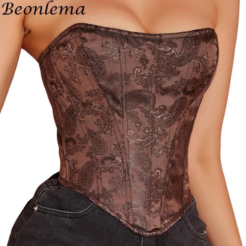 

Dark Brown Women Steampunk Bodices Chest Binder Bustier Tube Top Vintage Strapless Short Corset With Back Zipper Slim Overbust