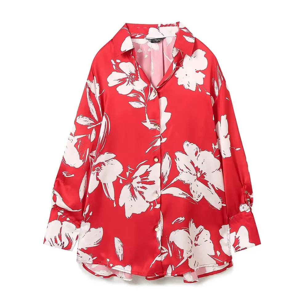 The latest design women's bright red shirt long sleeve lapel top flower