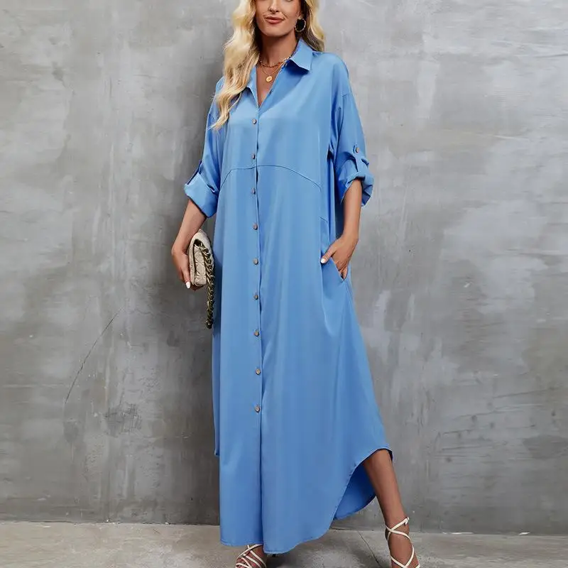 

Women Loose Lapel Long Sleeve Single Color Dress Casual Shirt Long Sleeve Dress 2024 Female Single Color Pocket Loose Dress
