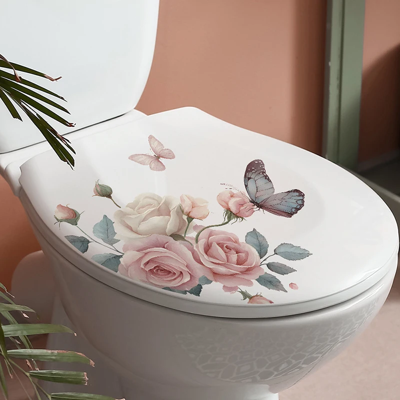 Flowers And Butterflies Pattern Decorative Toilet Wall Sticker For Bathroom Decor Wall Decor Adhesive Wallpaper Toilet