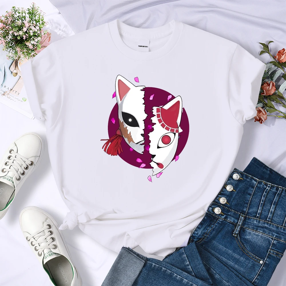 Demon Slayer Mask Anime Prints T Shirt For Female All Match Loose Tee 