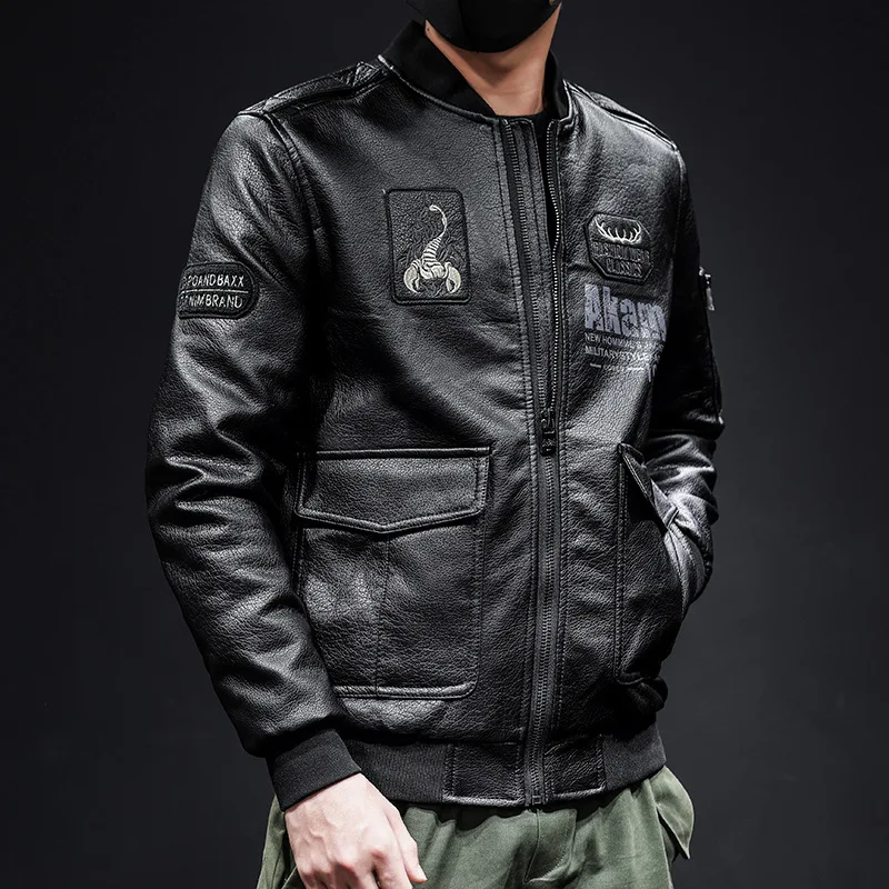 Air Force Pilot Leather Jacket Men Slim Fit Version Handsome Collar Embroidered Motorcycle Leather Jacket Men Youth Jacket Trend