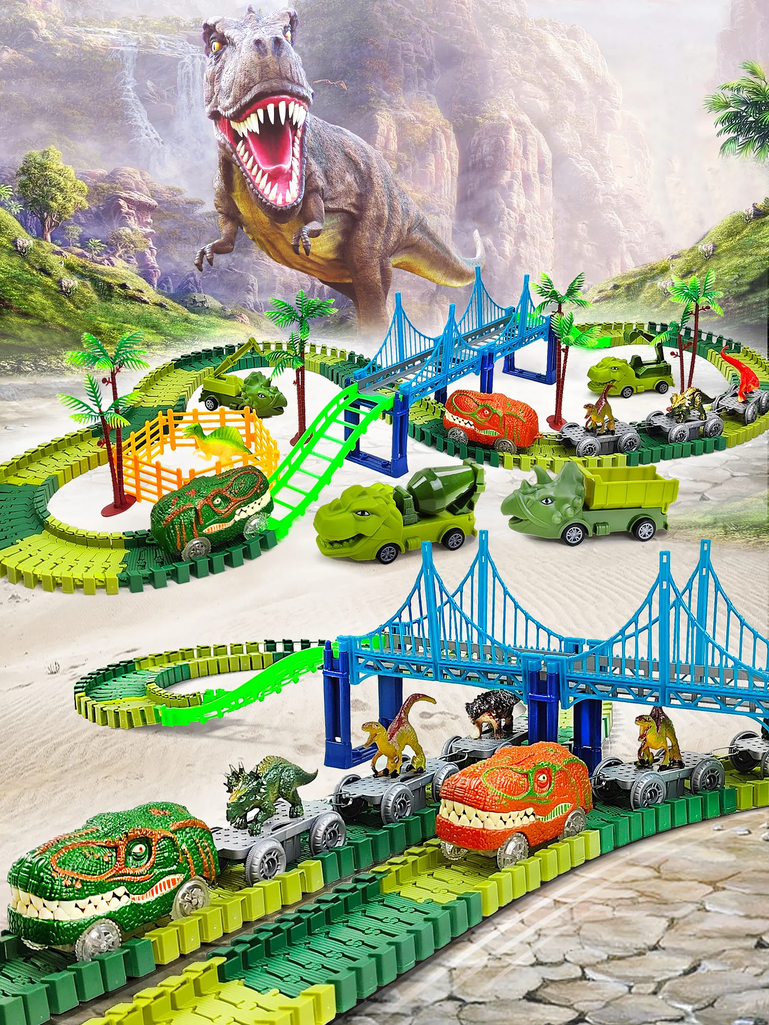 Track Race Car Toys Climbing Dinosaur Train World Road Race-Flexible Track Playset Dinosaur Car Toys for Boy Best Gift