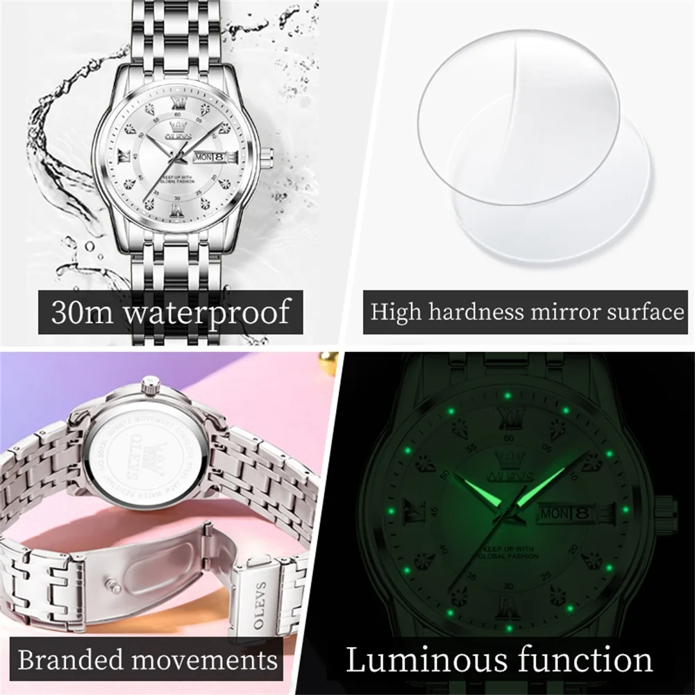 OLEVS Luxury Quartz Watch for Women Stainless Steel Waterproof Luminous Dual Calendar Dial Wristwatches Bracelet Gift Set Reloj
