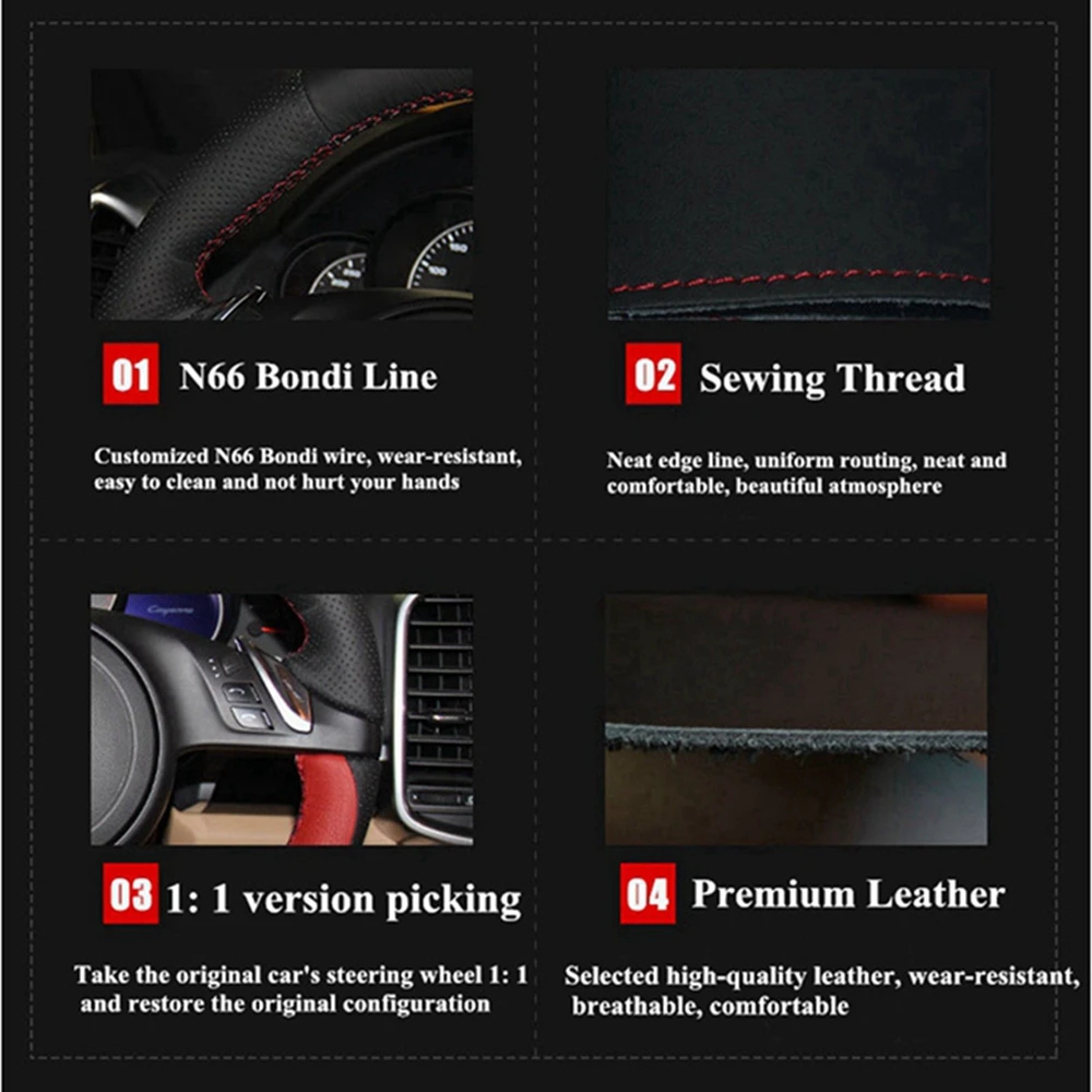 Premium Handcrafted Black Leather Steering Wheel Cover - Elegant Car Interior Accessory