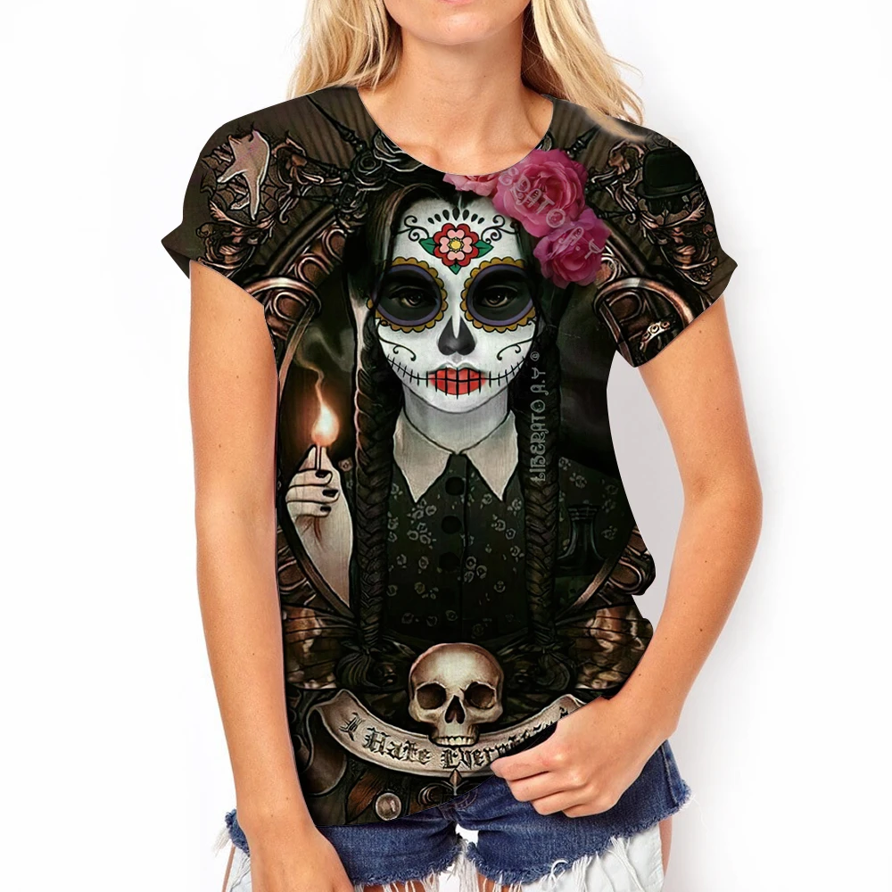 

2023 New Hot Women's T-shirt Skull Festival of the Dead O Neck Cotton Dress Short Sleeve Oversized Casual Hip Hop Plus Size Tops