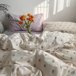 Ins Korean Pastoral Flower Bedding Set Purple Bed Flat Sheet Pillowcase Twin Full Queen Size Bed Linen Women Girls Duvet Cover