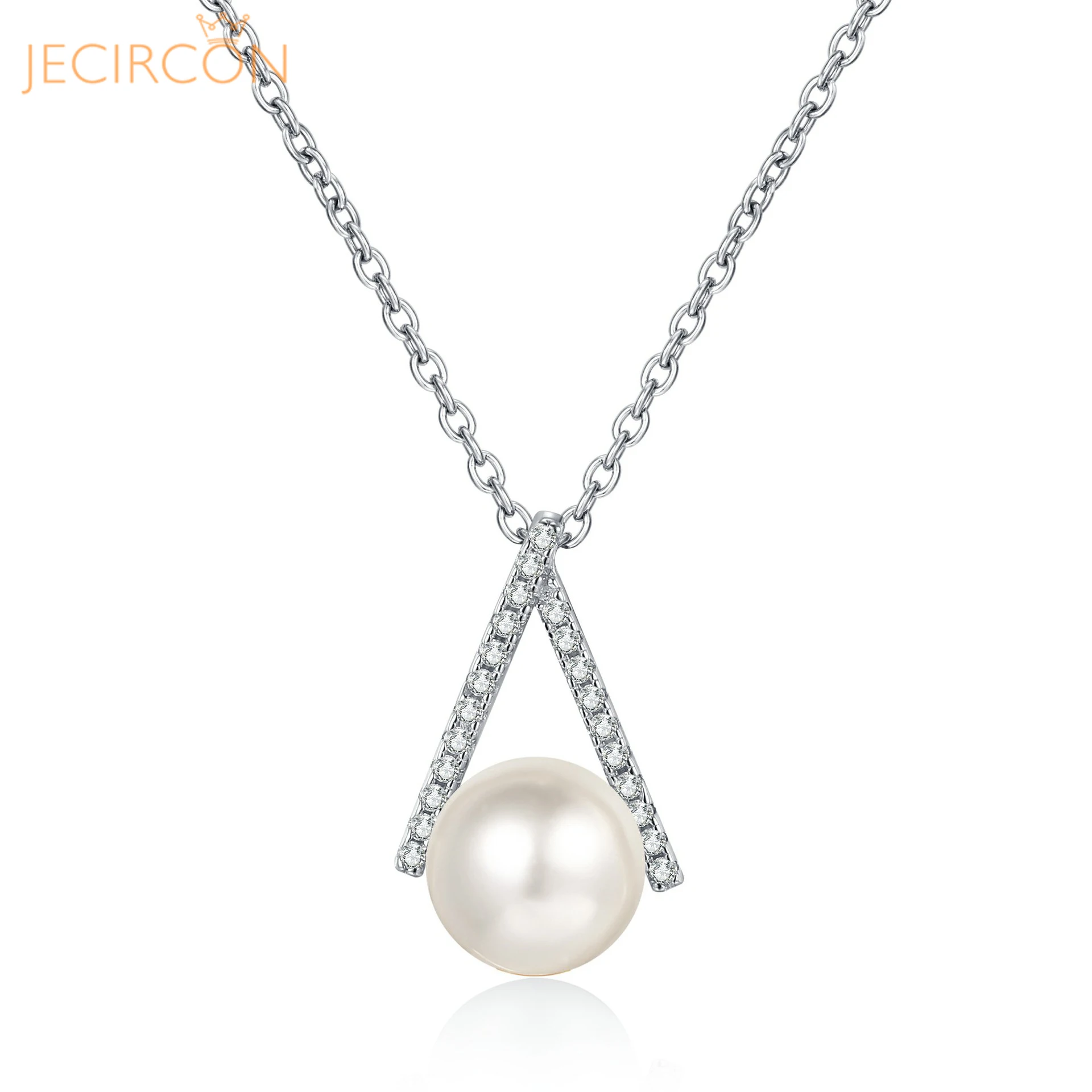 

JECIRCON 925 Sterling Silver Necklace for Women 11 Points Moissanite 8-9MM Pearl Inverted V Row Diamond Pendant Clavicle Chain