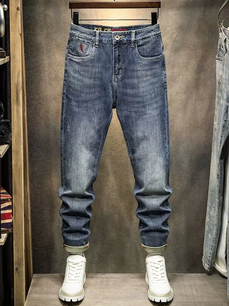 Newly Designer Fashion Men Jeans High Quality Retro Blue Elastic Slim Fit Ripped Jeans Men Embroidery Vintage Denim Pants Hombre