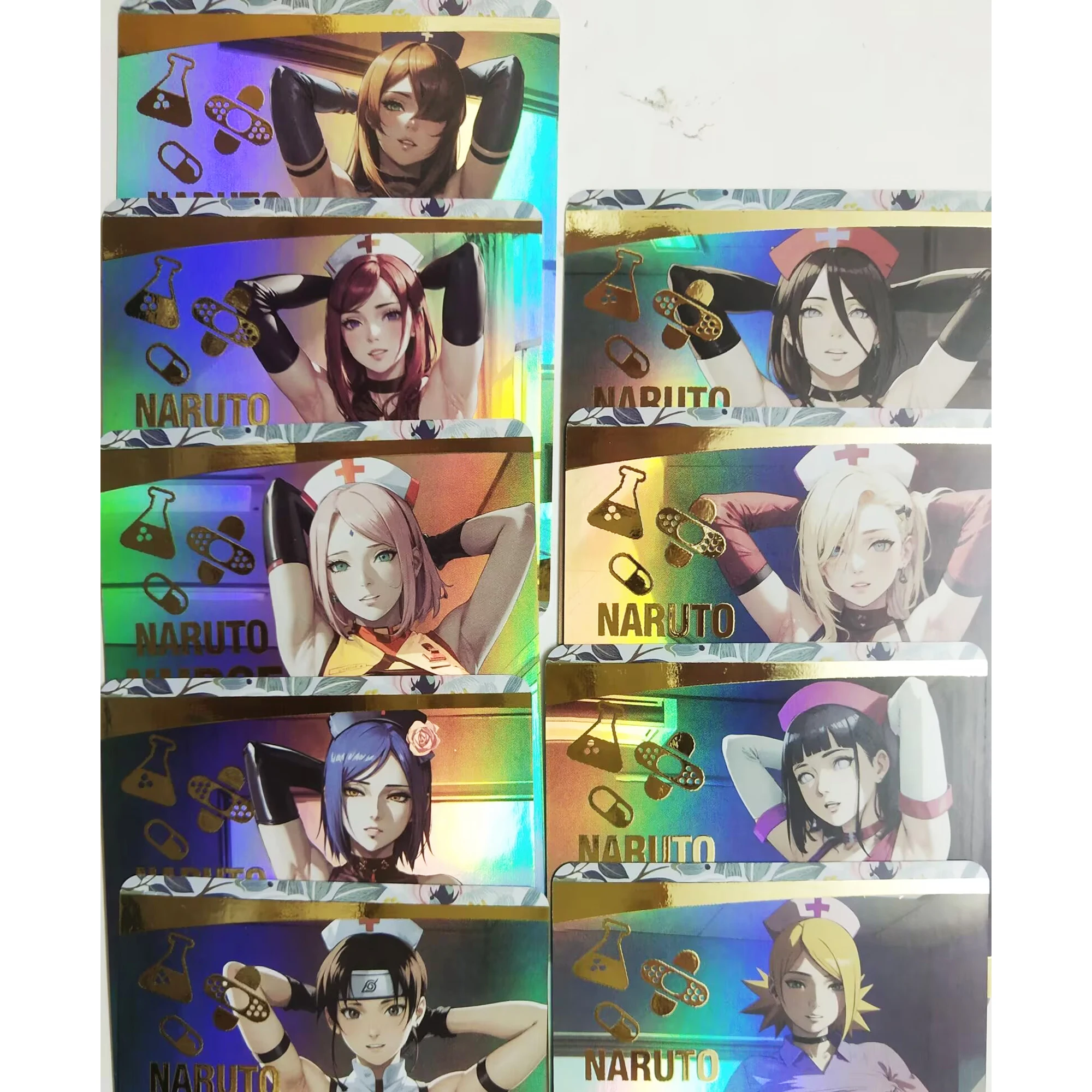 9Pcs/set Diy Naruto Anime Girl Haruno Sakura Hyuga Hinata Color Flash Card Classic Anime Game Collection Cards Gift Toy