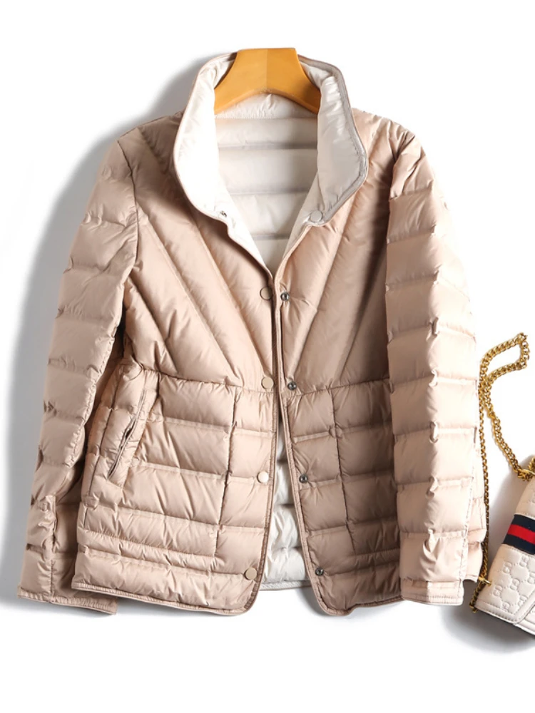 Winter Double Sided Lightweight White Duck Down Jacket Women Stand Collar Single Breasted Down Coat Female Warm Outwear