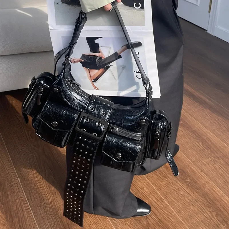 Punk Multi-Zipper Tassel Rivet Motorcycle Bag Fashion Hobos Women Shoulder Bags Y2K Half Moon Underarm Bag Trend Handbags 2024