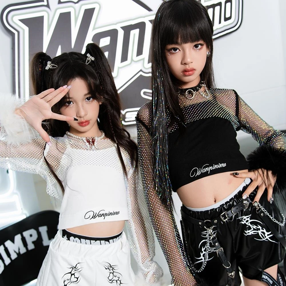 Children Hip Hop Dance Costumes For Girls Mesh Sleeved Tops Loose Shorts Suit Modern Jazz Performance Stage Clothes DQS18018