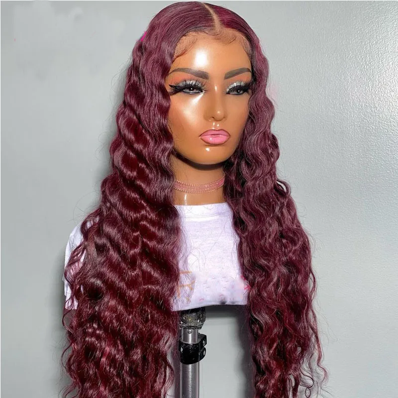 

99j Glueless Burgundy 180%Density 26Inch Long Wave Natural Hairline Lace Front Wig For Black Women Babyhair Preplucked