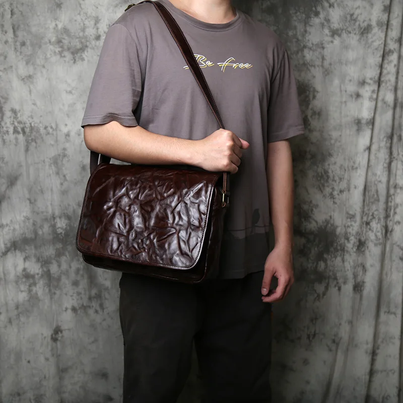 NZPJ Men's Vintage Genuine  Leather Shoulder Bag Top Layer Cowhide Large Capacity Messenger Bag Suitable For 11-Inch IPad