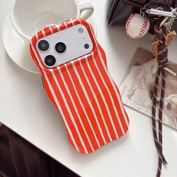 Chic Wave Edge Brown Stripes Shockproof Phone Case with Color Contrast Design - iPhone 15 (Orange White)