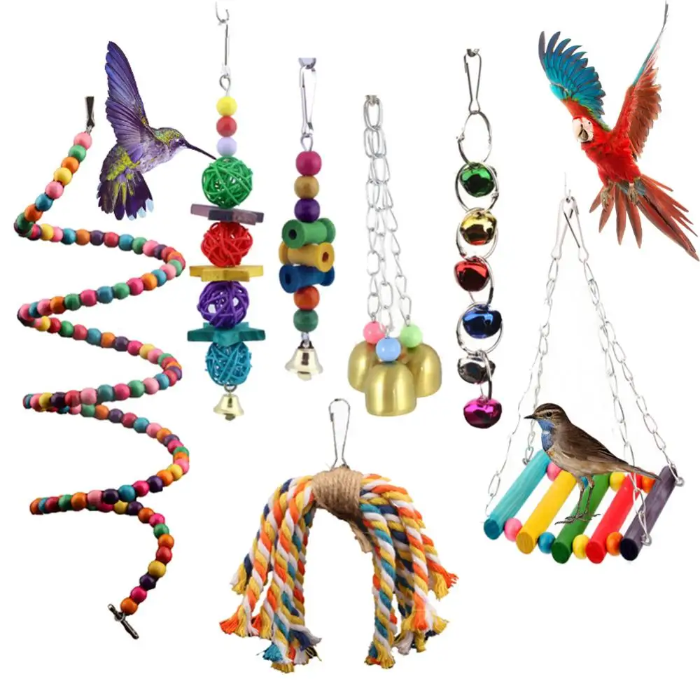 7Pcs Bird Toys Set Rattan Ball Ladder Spiral Rope Parrot Play Toy Pet Bird Cage Hanging Decor with Ladder Pet Supplies