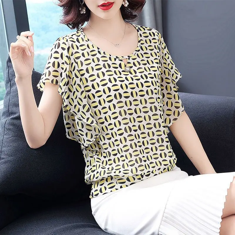 

2023 New Summer Casual Polka Dot Printed Shirt Fashion O-Neck Ruffles Spliced Female Clothing Chic Pearl Elegant Chiffon Blouse