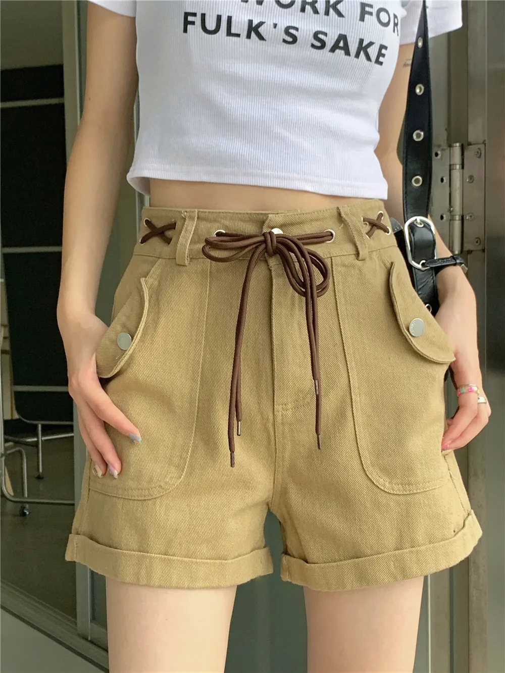 

Vintage Y2 Summer New Spicy Girl High Waist Loose Slim And Versatile Workwear Shorts Drawstring Pants