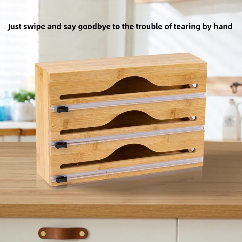 Natural Bamboo Wrap Cutter Wall Mounted Multi-Slot Foil and Wrap Dispenser Kitchen Countertop Organization