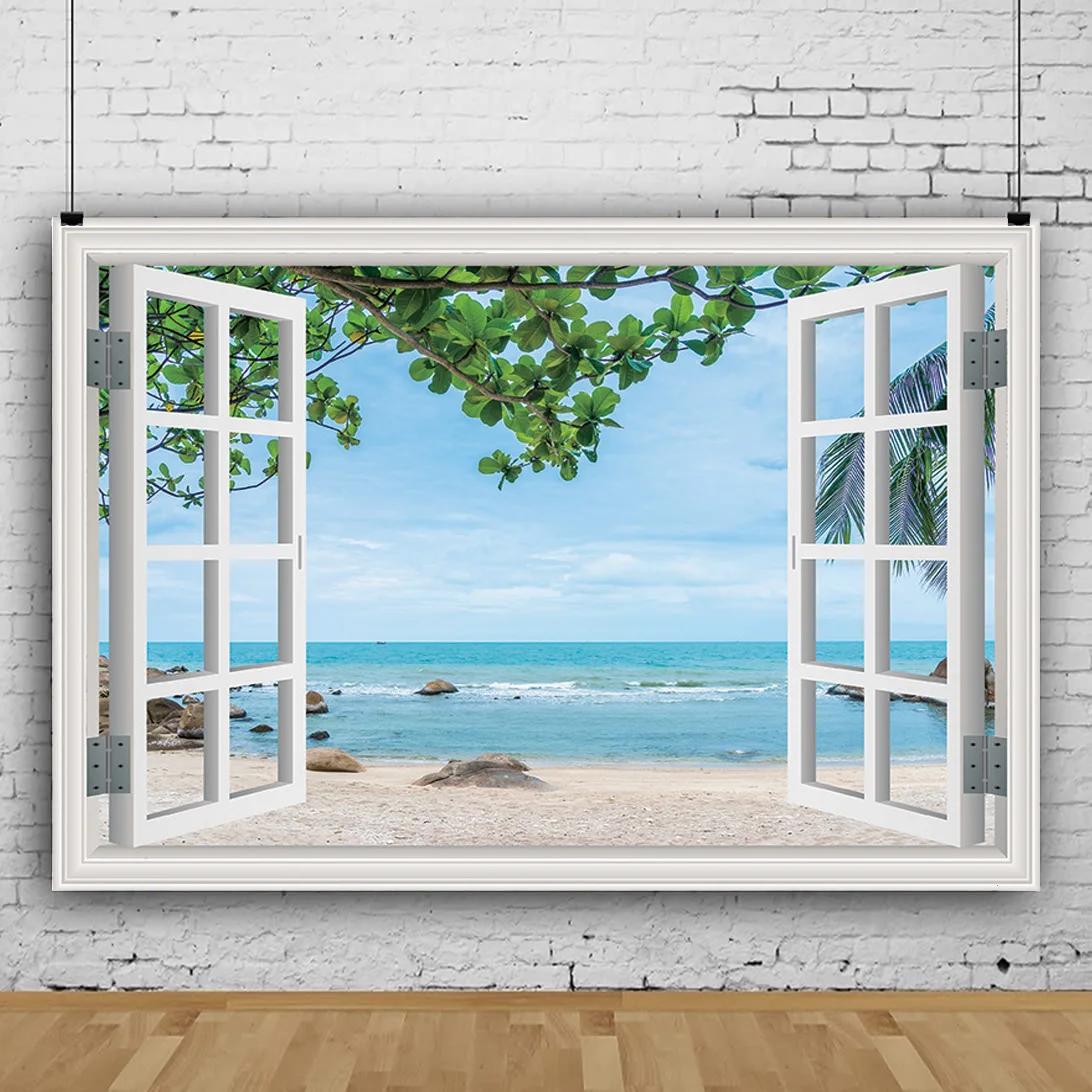 

Vinyl Custom Window Beach Coconut Tree Photography Backdrops Props Scenery Mall Indoor Decoration Photo Studio Background HH-21