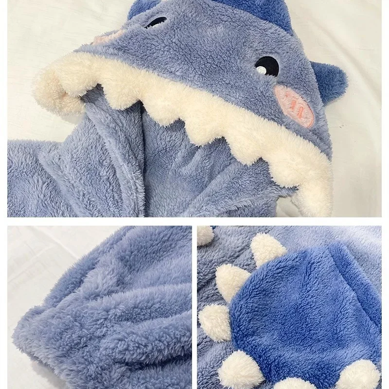 Blue Shark One-piece Pajamas Anime Cosplay Costumes Winter Coral Fleece Warm Hooded Nightgown Full Zipper Thick Onesies