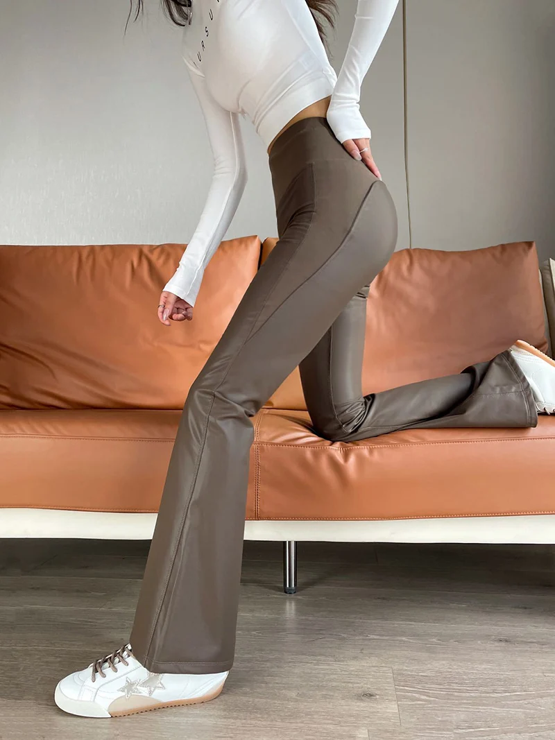 BIVIGAOS Autumn Winter Light Fleece Micro Flared Leather Pants Women's Fashion Tight Elastic PU Leather Splicing Flared Leggings