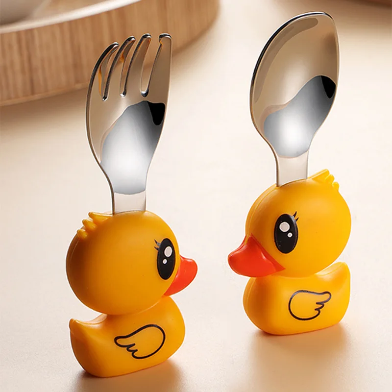 304 Stainless Steel Children's Tableware Baby Learning Eat Prevent Scalding Falling Practice Auxiliary Food Spoon Baby Feeding Spoons