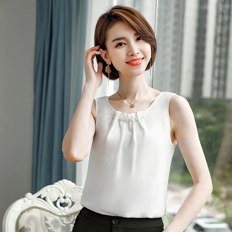 Hound Emigrere Medarbejder Korean Chiffon Tank Top Women Office Lady Beading Cami Top Solid White  Spaghetti Strap Tank Top Ropa De Mujer - Tanks & Camis - AliExpress