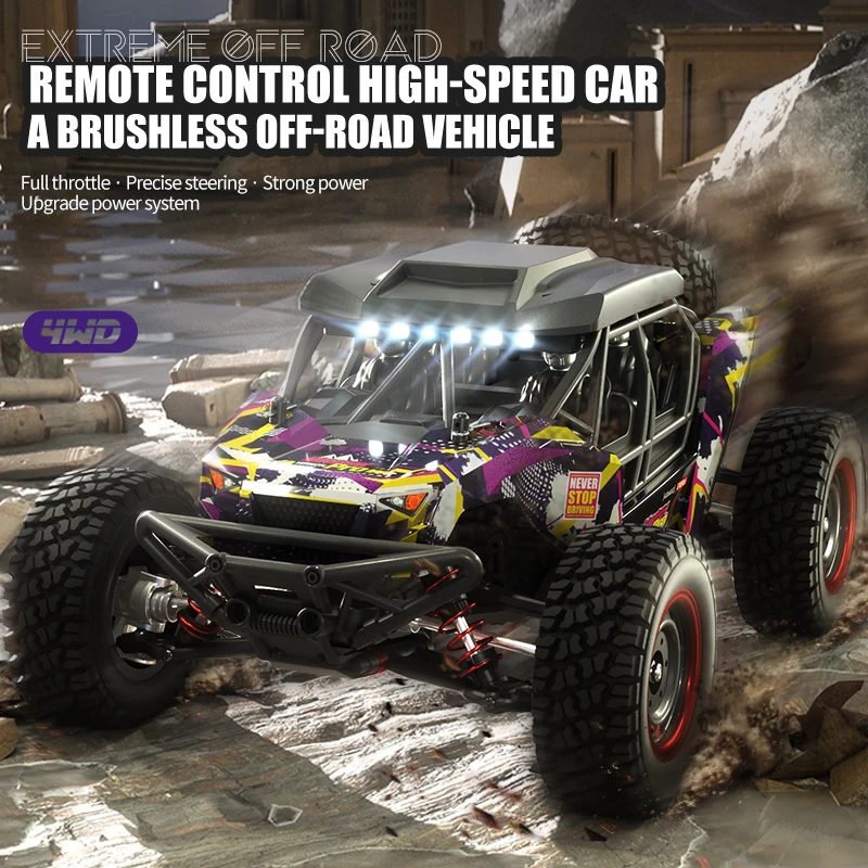 Enfant jouant avec la voiture RC tout-terrain 4WD brushless 80 km/h 16106PRO sur un terrain accidenté.