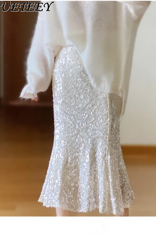 

2023 Spring and Autumn New Sheath Skirt Slimming White Design Niche Fishtail Skirt Women's Korean-Style Sequined One-Line Skirts