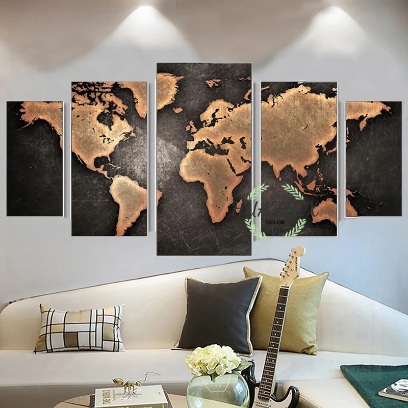 Vintage Rustic World Map Framed or Unframed 5 Piece Five Panel Canvas Painting Poster Wall Art Home Decor for Him Her Gift |