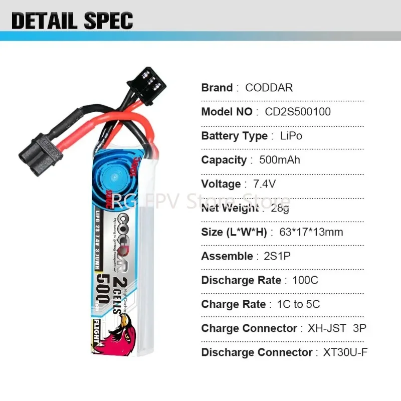 Coddar 500Mah 2S 7.4V 100C Xt30 Rc Lipo Batteria Geprc Tinygo Iflight Cinebee Turbobee Cine Whoop Happymodel Crux3 Betafpv Beta